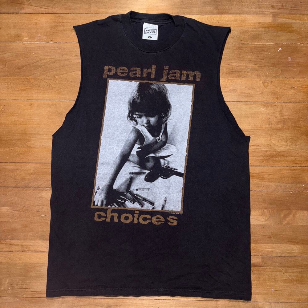 Vintage 1992 Pearl Jam Choices T-Shirt 90s Grunge Band Tee Black SZ L Cut Off